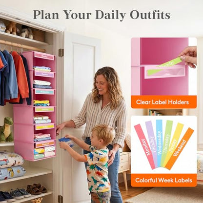 Lifewit 6 Shelf Weekly Hanging Clothes Storage Organizer for Kids, Pink | Closet Storage with Color Labels for School Outfits, Daily Clothing Divider with Days of The Week Monday to Friday Weekend