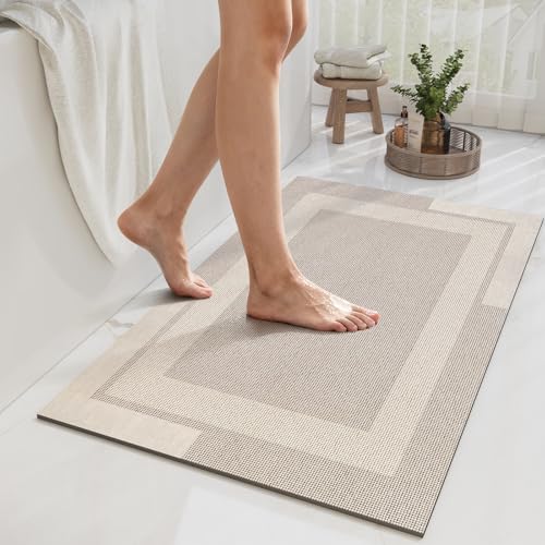 Non Slip Bath Mat Thin Bathroom Rugs Fit Under Door Beige 24"x 35" | Quick Dry Absorbent Washable Rubber Backing Bath Rug Shower Mat Bathroom Floor Mat for Sink Bathtub Beside Shower Entrance