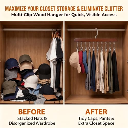 2 Pack Wooden Legging Hanger for Closet, Closet Organizer and Storage with 10 Clips Holds 20 Leggings, 360°Swivel Hook & Space Saving for Pants, Yoga Pants, Hats, Caps, Underwear, Ties, Bags