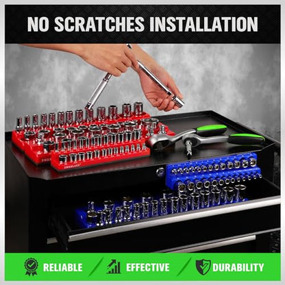 Magnetic Socket Organizer Set, 6PCS Socket Holder, 1/4", 3/8", 1/2" Sockets Holds 143 Pieces Magnetic Sockets Trays (Blue&red, 6 Pcs)