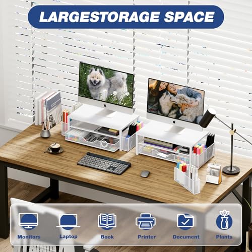 Desk Organizer and Accessories, 2-Tier Computer Monitor Stand Riser with Drawer and 2 Pen Holders, Laptop Stand, Office Desk Accessories for Office Supplies, 1 Pack, White