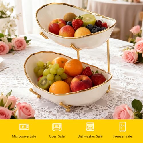 2 Tier Ceramic Fruit Bowl for Kitchen Counter with Metal Rack, Fruit Basket with Stand, Porcelain Bowls for Vegetable Bread Candy Snack Nuts Dessert Cake Tray (Gold 2 layer)