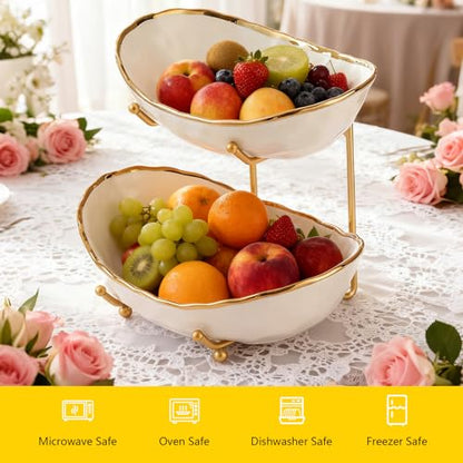 2 Tier Ceramic Fruit Bowl for Kitchen Counter with Metal Rack, Fruit Basket with Stand, Porcelain Bowls for Vegetable Bread Candy Snack Nuts Dessert Cake Tray (Gold 2 layer)