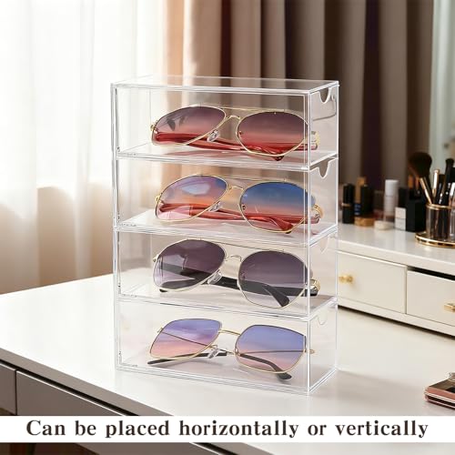 Acrylic Sunglasses Organizer with 4 Drawers | Clear Eyeglass Holder, Eyewear Display Case, Stackable Sunglass Storage Case For Women and Men Glasses Jewelry Watch Storage