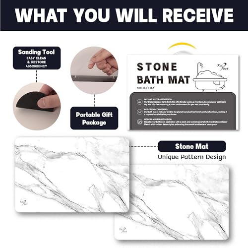 2 Pack Stone Bath Mat - Diatomaceous Earth Bath Mat Fast-Drying Stone Drying Mat Super Absorbent Diatomite Mats for Bathroom, Dish Drying, Bathtub (White Marble
