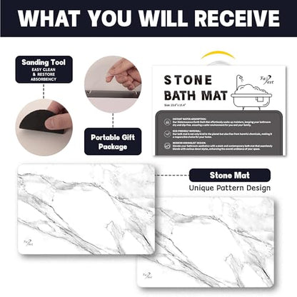 2 Pack Stone Bath Mat - Diatomaceous Earth Bath Mat Fast-Drying Stone Drying Mat Super Absorbent Diatomite Mats for Bathroom, Dish Drying, Bathtub (White Marble