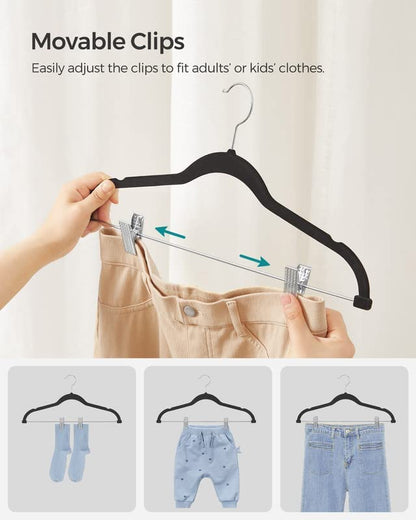 SONGMICS 30 Pack Pants Hangers, 16.7 Inches Long Velvet Trousers Hangers with Adjustable Clips, Heavy-Duty, Non-Slip, Space-Saving for Pants, Skirts, Coats, Dresses, Tank Tops, Black UCRF12B30