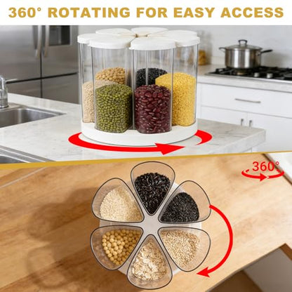 5-10 lbs Rice Dispenser 6 Grids 360° Rotating Cereal Dispenser Countertop BPA-Free PET Grain and Rice Storage Container with Lids Dry Food Dispenser Grain Canister Sets for Oats Flour Corn Flakes