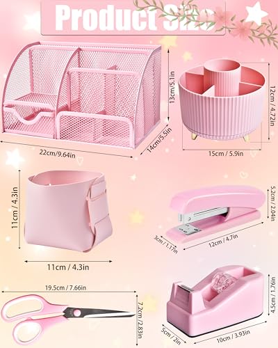 21Pcs Pink Desk Organizers and Accessories With Mesh Desk Organizer and 360°Rotating Pen Holder and a Lot of Office Pink Office Supplies Beautifully Presented in a Gift Box