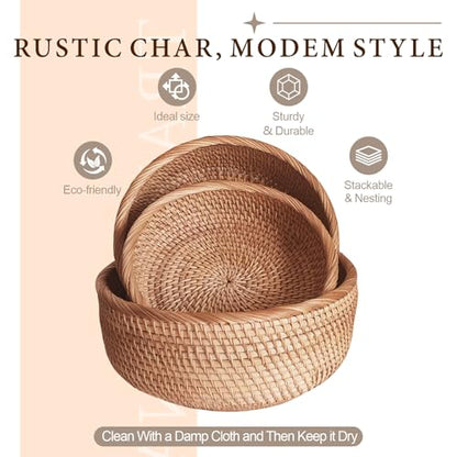 9.2" Medium Rattan Wicker Bread Basket, Fruit Basket for Kitchen Counter | Sturdy Well-Made Handwoven Bread Baskets for Serving, Natural Food Baskets, Versatile for Fruits, Snacks, Keys & More (Round)