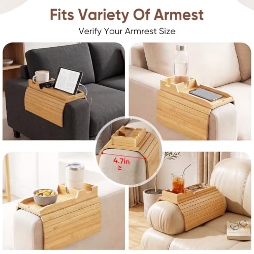 Bamboo Couch Arm Tray Table with Built-in Cup Holder, Foldable Anti-Slip Sofa Armrest Table for Drinks, Phone & Remote, Fits 4.7–16.9 in Armrests, Holds Cups up to 3.5 in Diameter (Bamboo)