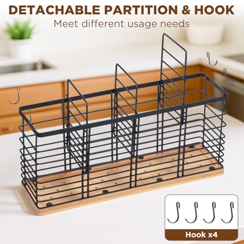 Nigelia 4 Compartments Extra Large Kitchen Utensil Holder with Wooden Base, Metal Organizer for Kitchen Countertop, Matte Black Cooking Utensils Holder with 4 Hooks for Tools Storage