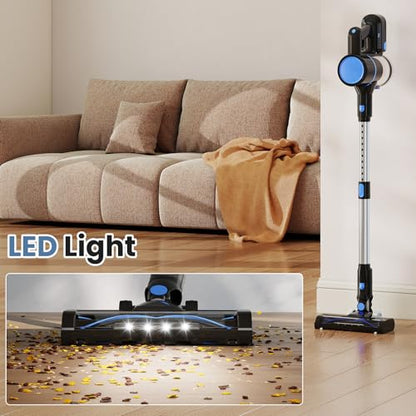 OLIXIS Cordless Vacuum Cleaner, Rechargeable Upright Cleaner with Flexible Steering, Extendable Wand, LED Headlight, 3 Brushes & Wall Mount, Handheld Vacuum for Hardwood Floor Home Cleaning