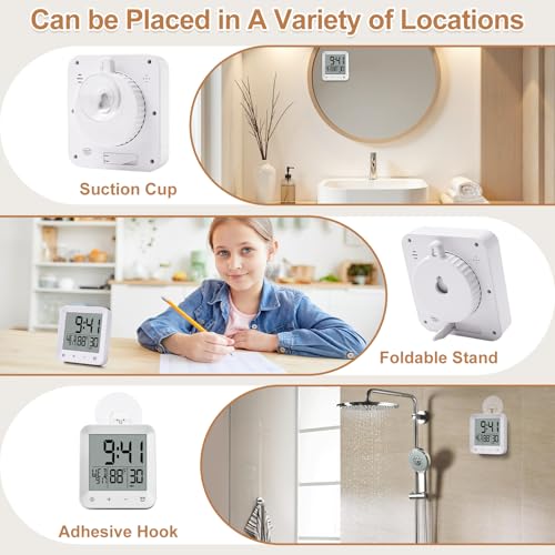 XINKORA Waterproof Shower Clock with Timer, Bathroom Wall Clock Displaying Temperature, Date & Day, Battery Operated LCD Digital Clock for Bath, Kitchen (White)
