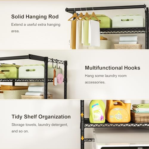 U11 Mini Over Washer and Dryer Shelves, 3 Tiers Laundry Room Storage and Organizer Standing Shelf, Metal Freestanding Clothes Drying Rack, 28.3”W x 19.7”D x 77.6”H, Black