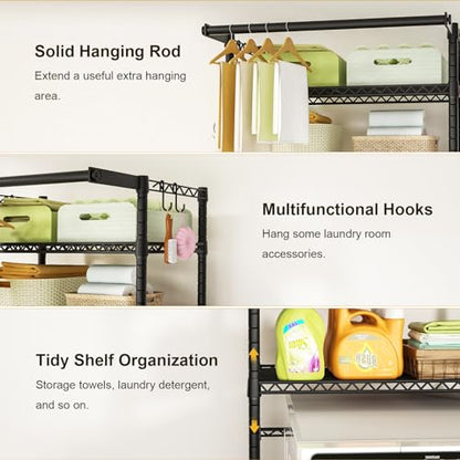 U11 Mini Over Washer and Dryer Shelves, 3 Tiers Laundry Room Storage and Organizer Standing Shelf, Metal Freestanding Clothes Drying Rack, 28.3”W x 19.7”D x 77.6”H, Black