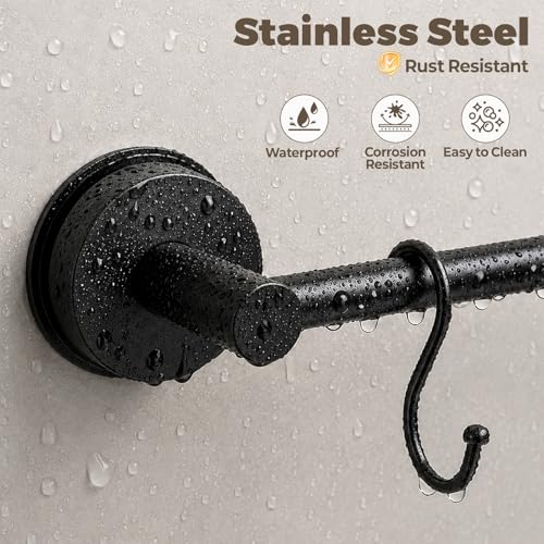 Adjustable Suction Cup Towel Bar – Towel Racks for Bathroom, 13.6-25 Inch, Stainless Steel Bathroom Towel Holder with 4 S Hooks, No Drill for Kitchen, Shower & Smooth Surfaces – Black