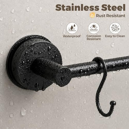 Adjustable Suction Cup Towel Bar – Towel Racks for Bathroom, 13.6-25 Inch, Stainless Steel Bathroom Towel Holder with 4 S Hooks, No Drill for Kitchen, Shower & Smooth Surfaces – Black