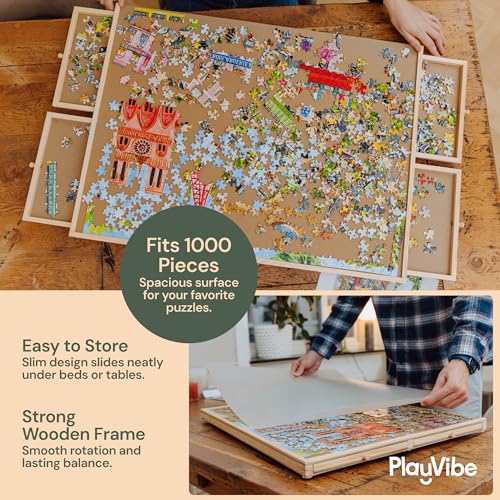 PlayVibe 1000 Piece Puzzle Board with Drawers & Cover - Wooden Tray | Portable wood jigsaw tray - 4 drawers - protective cover - sturdy - Use for family game night, travel & gifts
