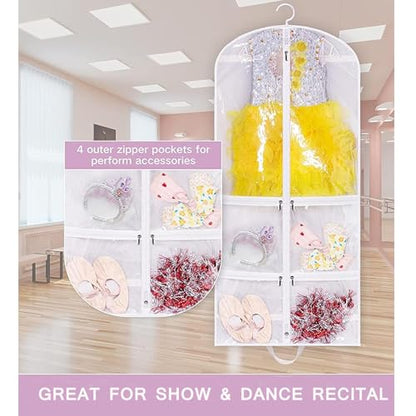 SLEEPING LAMB Clear Garment Bag for Dance Costume Kids 50 Inch Hanging Clothes Cover for Closet Storage With 4 Large Zipper Pockets for Ballet, Theatre, Competitions, 3 Packs, White