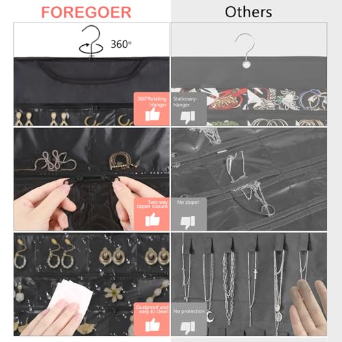 FOREGOER Hanging Jewelry Organizer Storage Roll 88 Zippered Pocket, 2-Sided | 88 Zipper Pockets, Dustproof Foldable for Travel, Accessories Organizer Holder for Earring Necklace Ring on Closet Wall Door