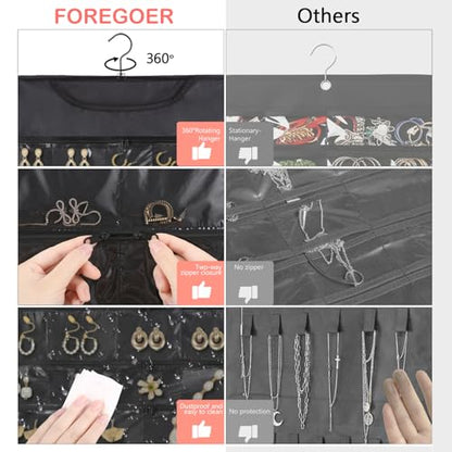 FOREGOER Hanging Jewelry Organizer Storage Roll 88 Zippered Pocket, 2-Sided | 88 Zipper Pockets, Dustproof Foldable for Travel, Accessories Organizer Holder for Earring Necklace Ring on Closet Wall Door