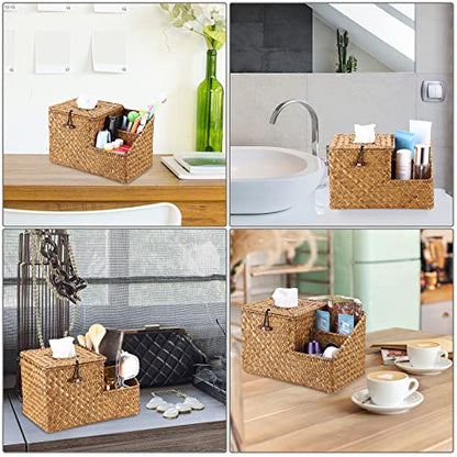Sumnacon Square Woven Tissue Box Cover - Decorative Cube Tissue Box Holder with Side Organizer, Rustic Seagrass Tissue Box for Living Room Vanity Night Stand Table Countertop Office,Caramel