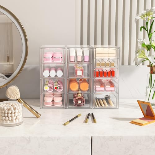 Acrylic 13-Drawer Storage & Makeup Organizer for Desk, Bath | Smooth-glide drawers, clear acrylic, stackable, dustproof, wipe-clean, for eyeliners, lip liners, markers, push pins,pen