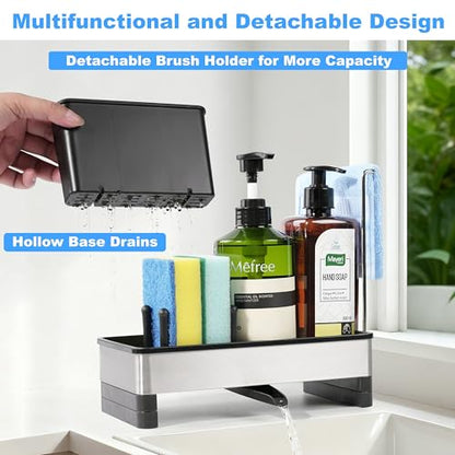 Sponge Holder for Kitchen Sink Caddy Organizer, Dish Brush Holder | Stainless Steel Sponge Caddy for Kitchen Countertop Organizer, Rustproof Dish Soap and Sponge Rack with Dishcloth Drying Rack