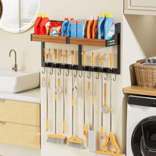Broom and Mop Organizer Wall Hanging, Broom Holder Wall Mount with Cleaning Supplies Organizer, Broom Hanger Wall Mount with Storage Shelf and Hooks for Laundry Room Garage Kitchen