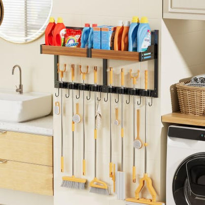 Broom and Mop Organizer Wall Hanging, Broom Holder Wall Mount with Cleaning Supplies Organizer, Broom Hanger Wall Mount with Storage Shelf and Hooks for Laundry Room Garage Kitchen