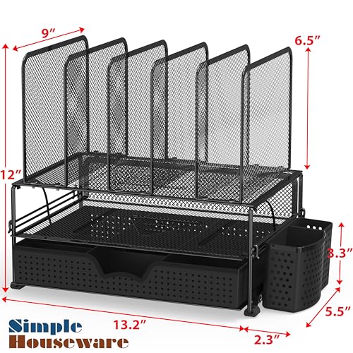 Simple Houseware Desk File Organizer for Office Supplies w/Drawer, Black | Double Tray, Pencil Holder, and 5 Upright Sections with Sliding Drawer