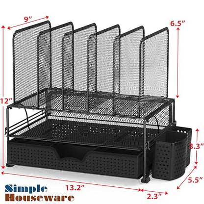 Simple Houseware Desk File Organizer for Office Supplies w/Drawer, Black | Double Tray, Pencil Holder, and 5 Upright Sections with Sliding Drawer