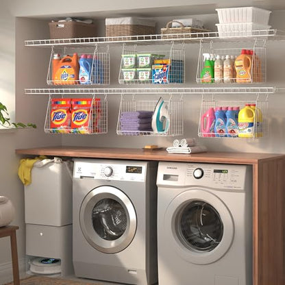 3-Pack Large Hanging Laundry Basket: Wire shelves for Laundry Room Organization with 360°Rotating Hooks Foldable Space Saving Over Washer and Dryer Shelves -Metal Laundry Basket Holder, White Patent