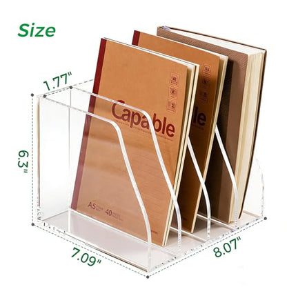 Acrylic Magazine File Holder, 4 Vertical Compartments Desk Document Sorter Organizer, Clear Folder Rack Binder for Office/Home/Classroom, for Documents, Tablet, Magazines, Books & Accessories