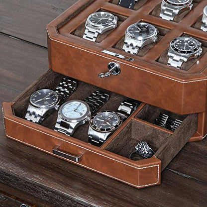 ROTHWELL 6 Slot Leather Watch Box with Valet Drawer - Luxury Case Display Organizer, Microsuede Liner, Locking Mens Jewelry Watches Holder, Men's Watch Storage Large Glass Top (Tan/Brown)