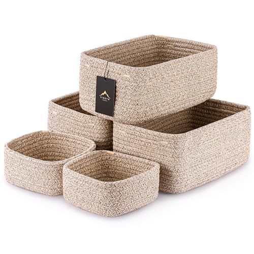 5-Pack Small Woven Rope Storage Baskets, 2 Sizes Organizer Bins | Fabric Cube Boxes and Rectangular Shallow Bins for Closet, Shelf, Bookshelf, Nursery, Changing Table, Bathroom, Toys & Home