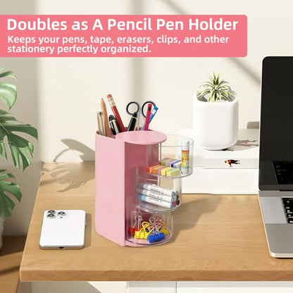 neotidy Hair Accessories Organizer with Hair Brush Holder, Rotating Hair Tie Product Organizer for Girls, 3-Tier Makeup Brush Holder for Clips, Bows & Brushes (Pink, 3-Tier)