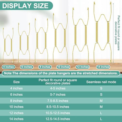 Hotop 12 Pieces Plate Hangers for Wall Stainless Steel Wire Invisible Heavy Duty Plate Hangers Display Holders with 12 Pieces Hooks for Wall Decorative(6/8/10 Inch,Gold)