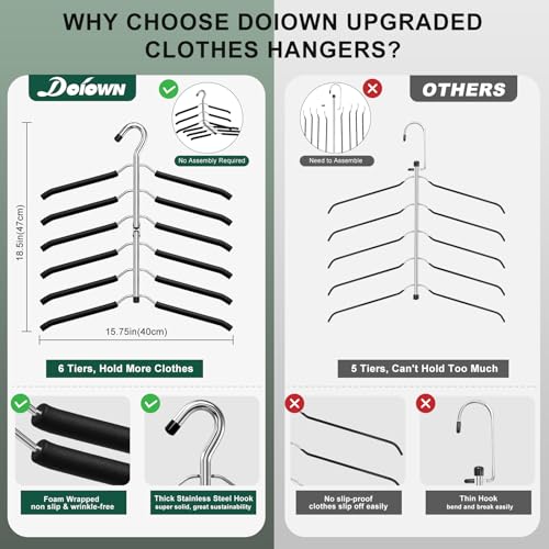 DOIOWN Space Saving 6 Tier Coat Hangers - Non Slip Foam Padded, Black Metal Sweater & T Shirt Hangers for Men & Women, 2 Pack Closet Organizers