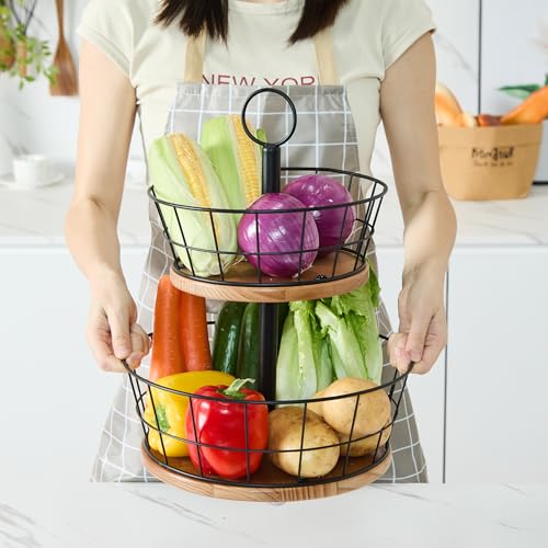 2 Tier Fruit Bowl - Sturdy Iron Wire Fruit Basket with Real Wood Base, 12 Inch Large Fruit Basket for Kitchen Counter, Anti-Slip Silicone Pads, 2 Tier Fruit and Vegetable Storage Solution