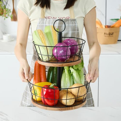 2 Tier Fruit Bowl - Sturdy Iron Wire Fruit Basket with Real Wood Base, 12 Inch Large Fruit Basket for Kitchen Counter, Anti-Slip Silicone Pads, 2 Tier Fruit and Vegetable Storage Solution