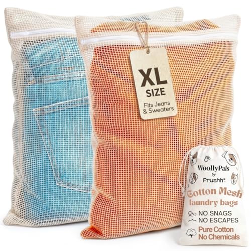 WoollyPals Large Cotton Mesh Laundry Bags (16" x 20") – 2-Pack with Drawstring Storage Pouch – Washer & Dryer Safe, Durable Zipper, Breathable Mesh for Clothes, Delicates, Underwear, Shoes & Lingerie