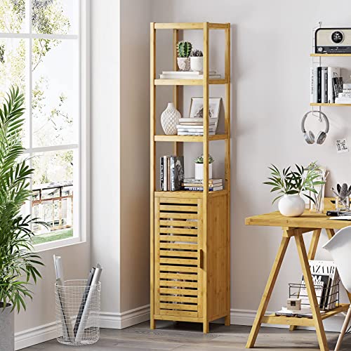 Storage Tall Slim Cabinet with Shutter Door and 3 Tier Shelves, Freestanding Linen Tower Cabinet for Living Room, Kitchen, Bathroom Organizer, Natural Bamboo