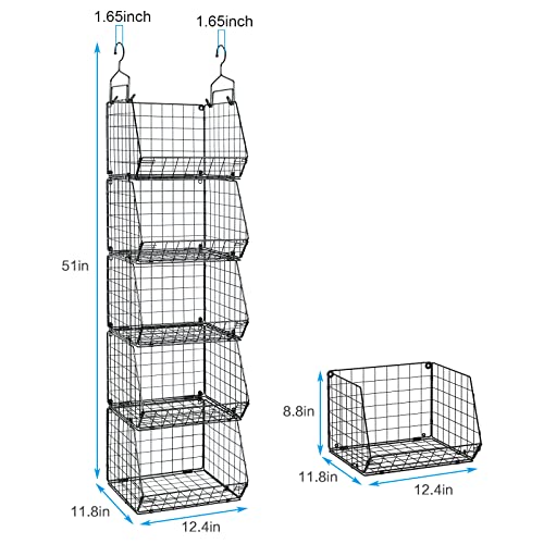 X-cosrack 5 Tier Closet Hanging Organizer, Clothes Hanging Shelves with 4 Hanging Hooks 5 S Hooks, Wire Storage Basket Bins, for Clothing Sweaters Shoes Handbags Clutches Accessories Patent Design
