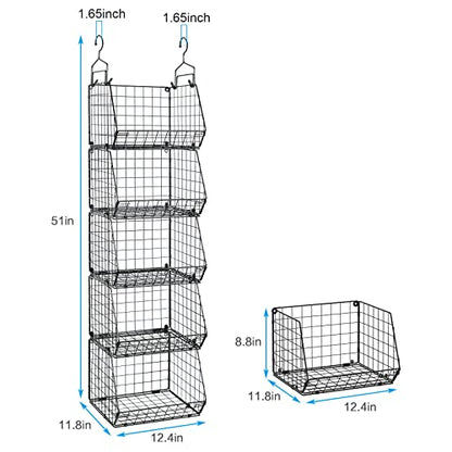 X-cosrack 5 Tier Closet Hanging Organizer, Clothes Hanging Shelves with 4 Hanging Hooks 5 S Hooks, Wire Storage Basket Bins, for Clothing Sweaters Shoes Handbags Clutches Accessories Patent Design