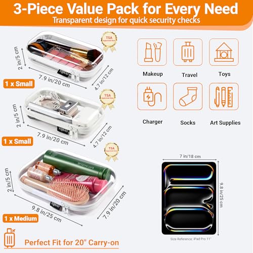 YQBRAO Clear Hard Shell Organizer Cases, 3-Pack, White | Rigid 1.2 mm clear PET organizers with multi-size design for travel, home storage, and everyday essentials.