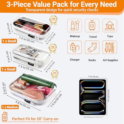 YQBRAO Clear Hard Shell Organizer Cases, 3-Pack, White | Rigid 1.2 mm clear PET organizers with multi-size design for travel, home storage, and everyday essentials.