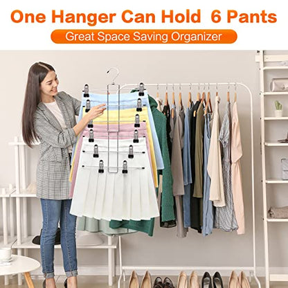 4 Pack Pants-Hangers-Space-Saving, 6 Tier-Closet-Organizers-and-Storage | Skirt Hooks with Clips, Closet-Organizer-Clothes-Organization Jeans Scarf Holder,College-Dorm-Room-Essentials Decor