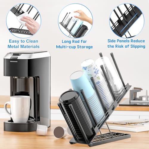 Coffee Cup and Lid Holder, 4 Compartment Metal Cup Dispenser, Black | Adjustable height, Easy to access, Space-Saving Storage, Countertop Organizer for Coffee Bar Station Home Office Breakroom